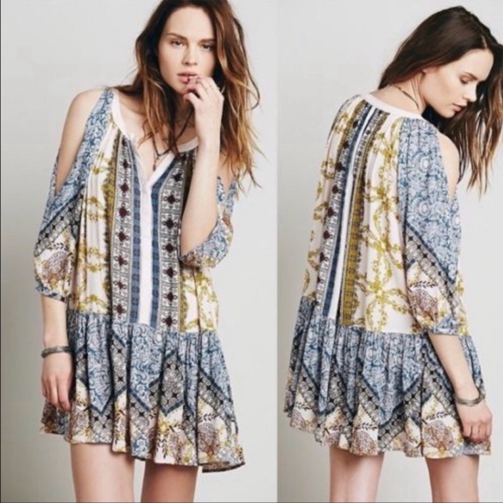 Free People Floral Gypsy Bohemian Mini Dress.